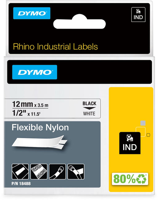 Dymo RHINO flexibele nylontape 12 mm, zwart op wit 5 stuks, OfficeTown