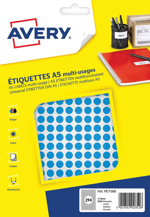 Avery PET08B ronde markeringsetiketten, diameter 8 mm, blister van 2940 stuks, blauw 5 stuks, OfficeTown