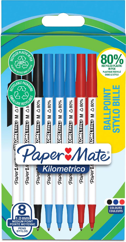 Paper Mate balpen Kilometrico, medium, blister van 8 stuks, assorti 12 stuks, OfficeTown