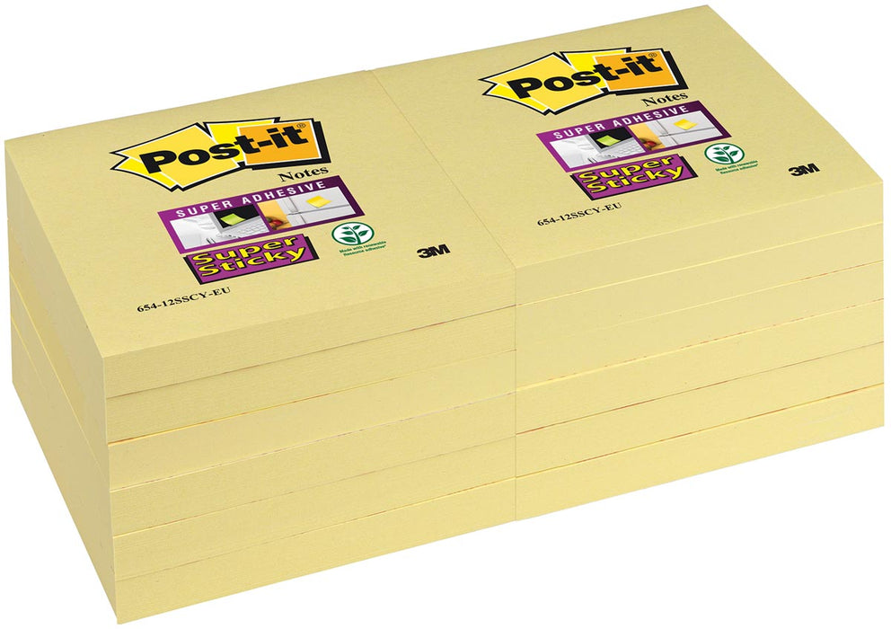 Post-it Super Sticky notities, 90 vellen, afmeting 76 x 76 mm, geel, doos van 12 blokken met 12 stuks