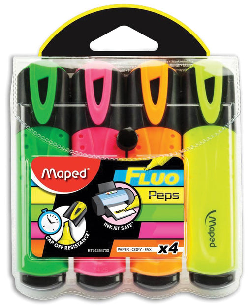 Maped markeerstift Fluo'Peps Classic etui van 4 stuks: geel, oranje, roze en groen 12 stuks, OfficeTown