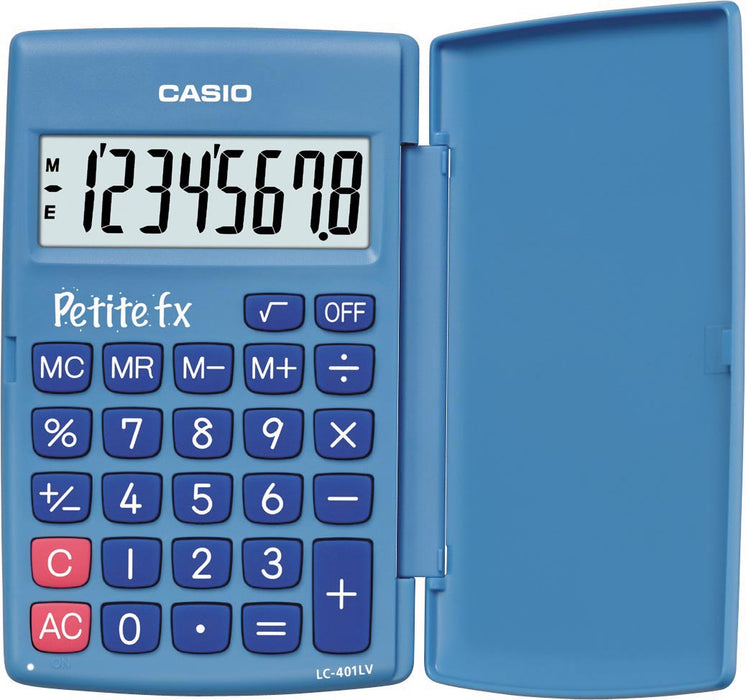 Casio zakrekenmachine Petite FX, blauw met grote cijfers