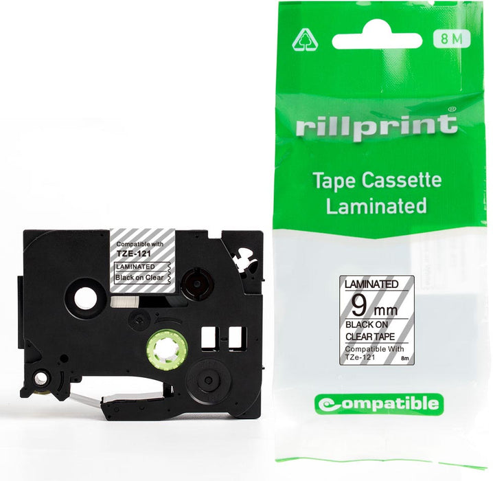 Rillprint compatibele TZe tape voor Brother TZe-121, 9 mm, zwart op transparant