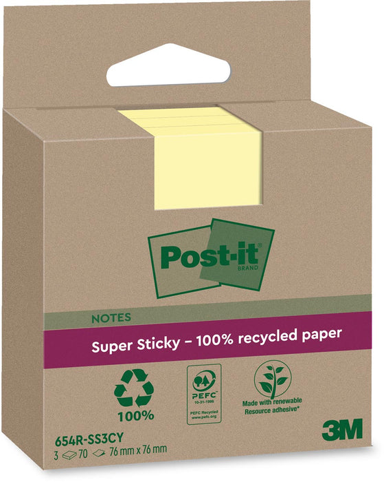 Post-it Super Sticky Notes Gerecycled, 70 vel, 76 x 76 mm, geel, set van 3 blokken