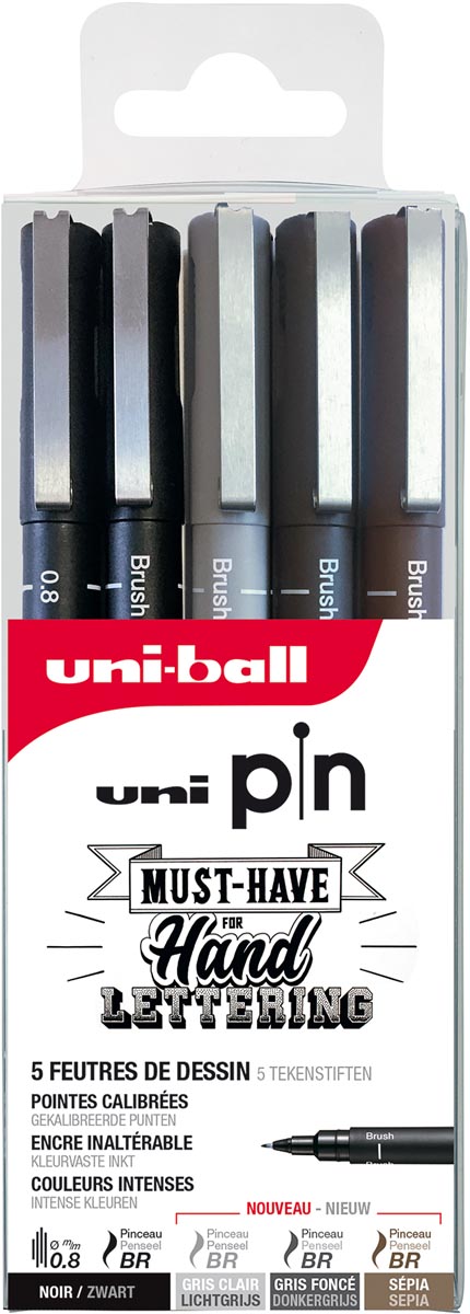 Uni Pin fineliner set handlettering, etui van 5 stuks, assorti 12 stuks, OfficeTown