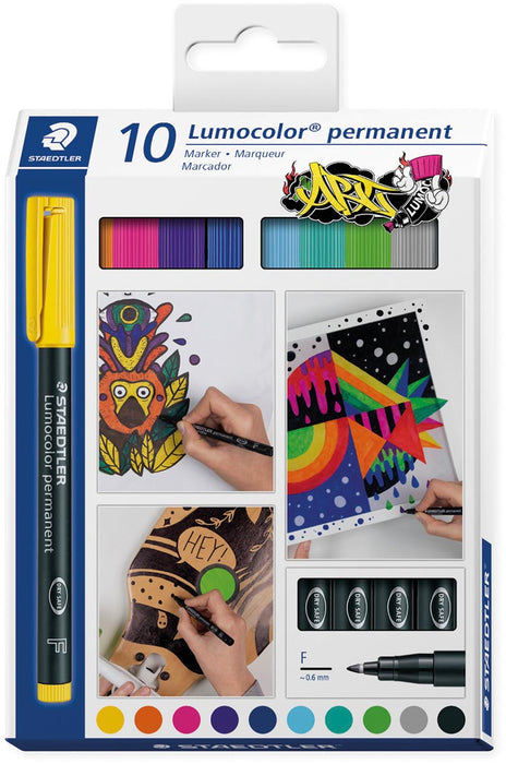Staedtler Lumocoler 318, OHP-marker, permanent, 0,6 mm, etui van 10 stuks in geassorteerde kleuren