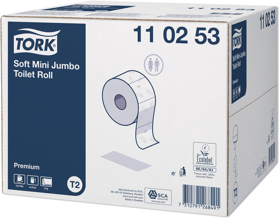 Tork Premium Mini jumborol toiletpapier zacht, 2-laags, wit 12 stuks met FSC recycled certificaat