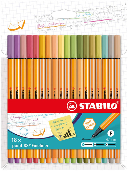 STABILO point 88 fineliner, set van 18 stuks in zachte kleuren met kartonnen etui