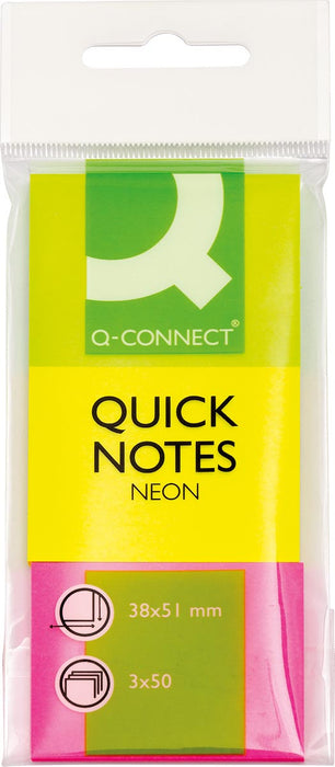 Q-CONNECT Quick Notes, ft 38 x 51 mm, 50 vel, etui van 3 blokken in neonkleuren 10 stuks