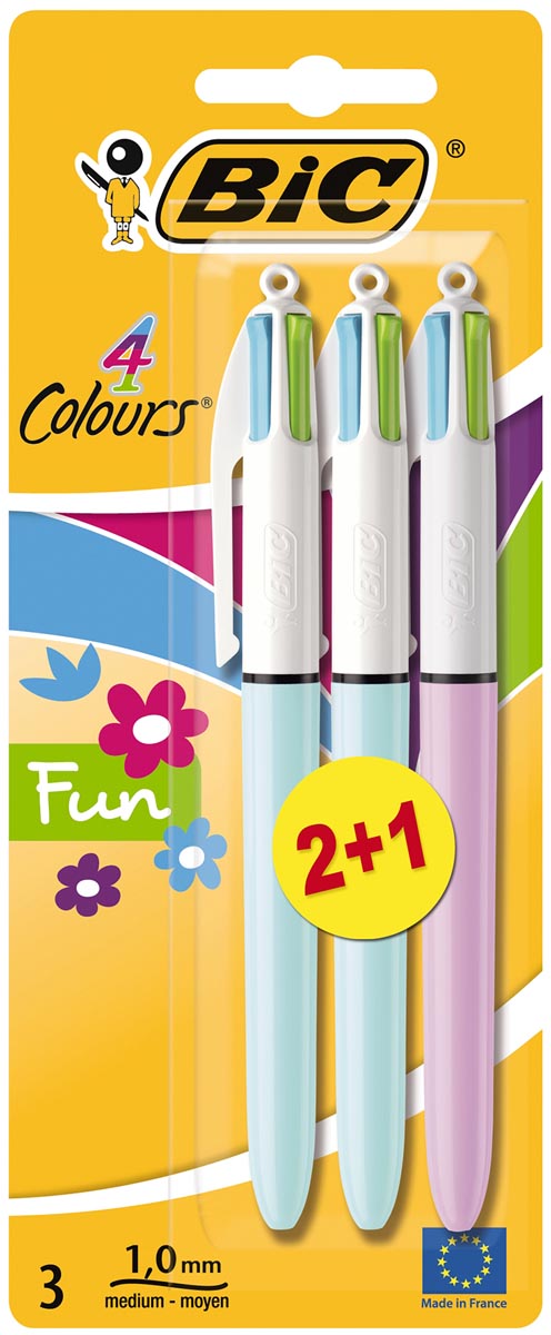 Bic 4 Colours Fun, balpen, 0,32 mm, 4 pastel inktkleuren,  blister van 2+1 gratis 20 stuks, OfficeTown