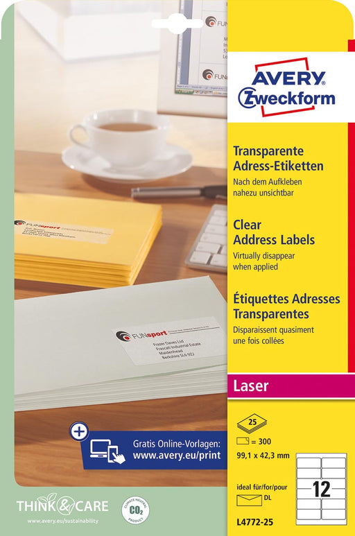 Avery transparante etiketten QuickPEEL ft 99,1 x 42,3 mm (b x h), 300 stuks, 12 per blad 30 stuks, OfficeTown