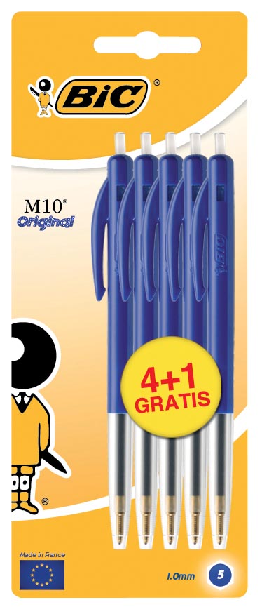 Bic balpen M10 Clic schrijfbreedte 0,4 mm, medium punt, blauw, blister 4 + 1 gratis 20 stuks, OfficeTown