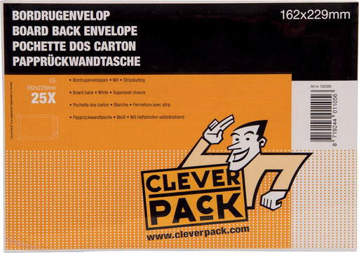 Cleverpack bordrugenveloppen, ft 162 x 229 mm, met stripsluiting, wit, pak van 25 stuks 4 stuks, OfficeTown