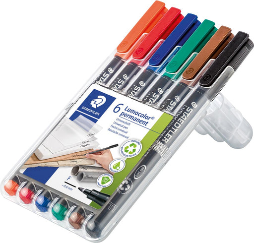 Staedtler Lumocoler 318, OHP-marker, permanent, 0,6 mm, etui van 6 stuks in geassorteerde klassieke kleur 10 stuks, OfficeTown