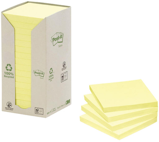 Post-it Recycled notes, 100 vel, ft 76 x 76 mm, geel, pak van 16 blokken 10 stuks, OfficeTown