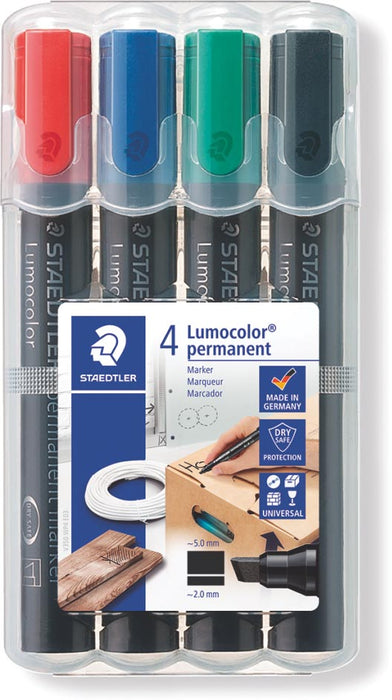 Staedtler Lumocolor 350, permanente marker, schuine punt, 2 - 5 mm, hoesje met 4 stuks in diverse kleuren