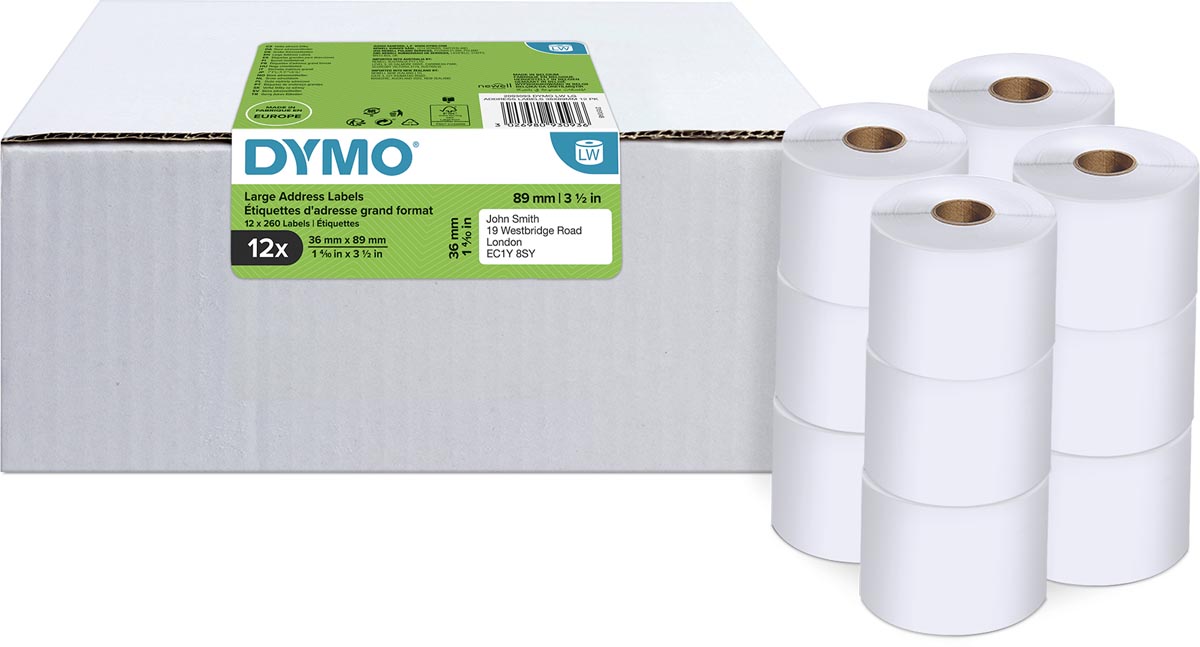 Dymo Waarde Pakket: etiketten LabelWriter ft 89 x 36 mm, wit, doos van 12 x 260 etiketten