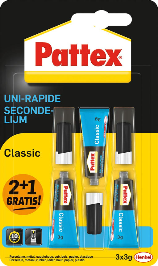 Pattex Classic secondelijm, 3 g, 2 + 1 gratis, op blister 12 stuks, OfficeTown