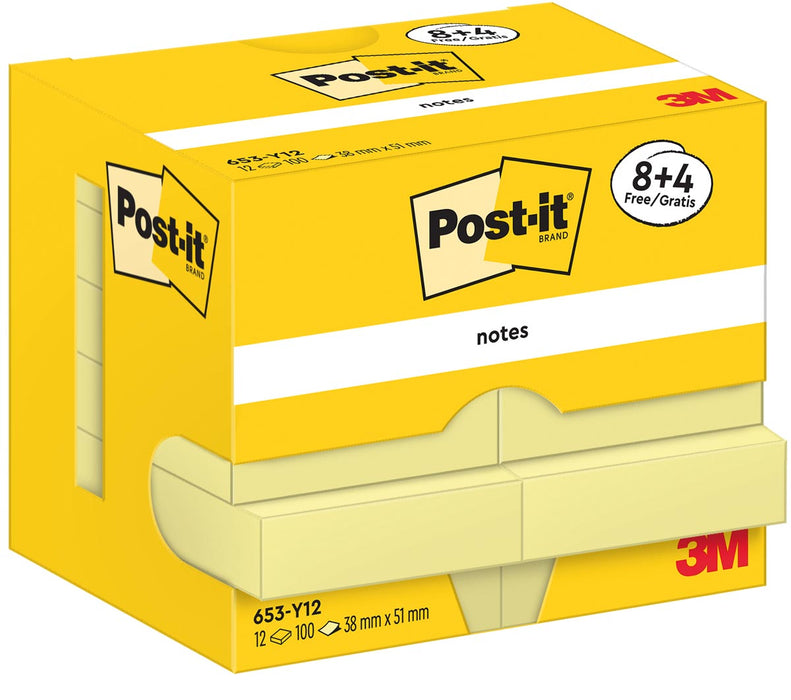 Post-It Notes, 100 vellen, afmeting 38 x 51 mm, geel, 8 + 4 GRATIS