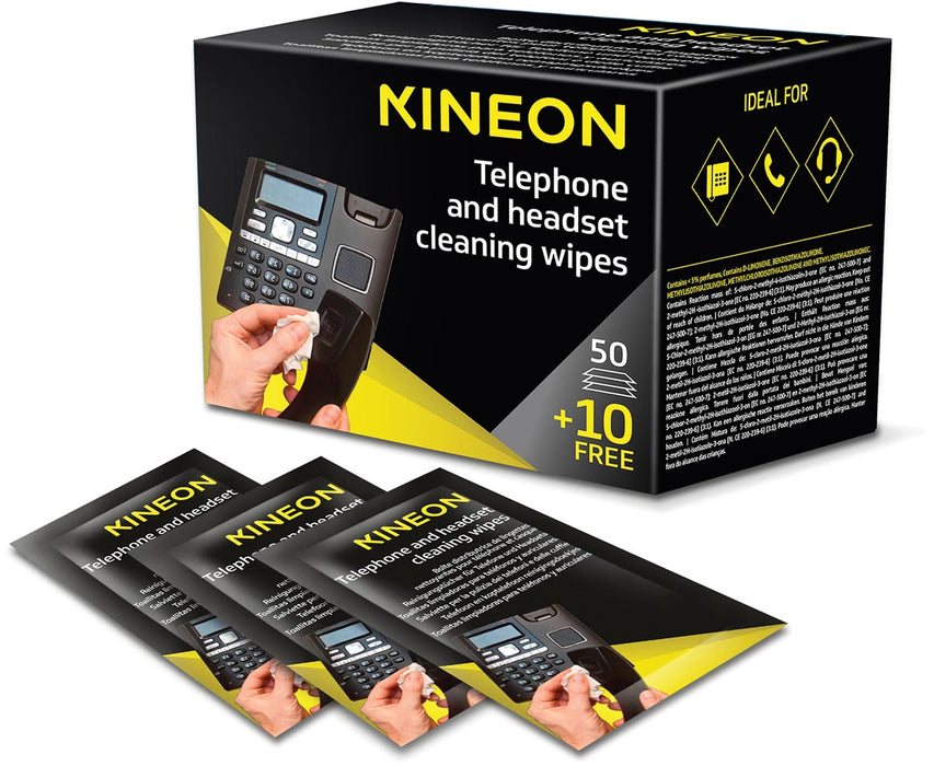 Kineon reinigingsdoekjes voor telefoons en headsets, individueel verpakt, doos van 50 + 10 gratis
