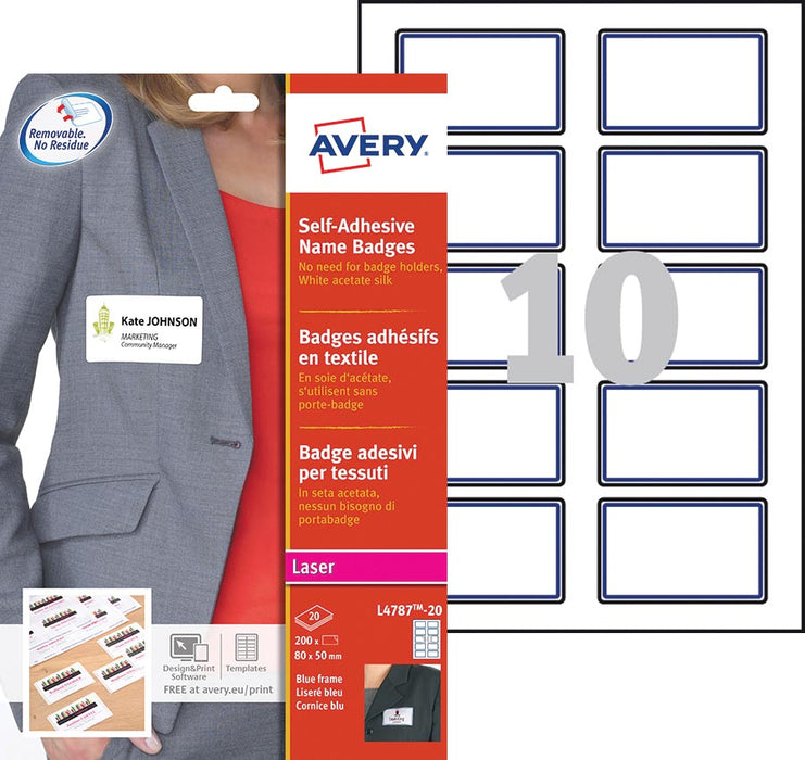 Avery L4787-20 zelfklevende badge ft 80 x 50 mm, doos van 200 stuks, wit/blauw 5 stuks, OfficeTown