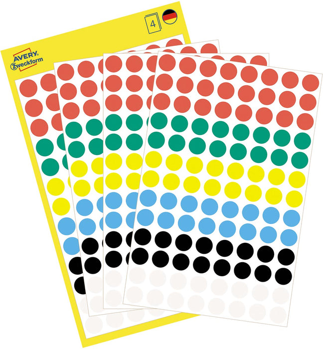 Ronde etiketten van Avery, diameter 8 mm, geassorteerde kleuren, 416 stuks