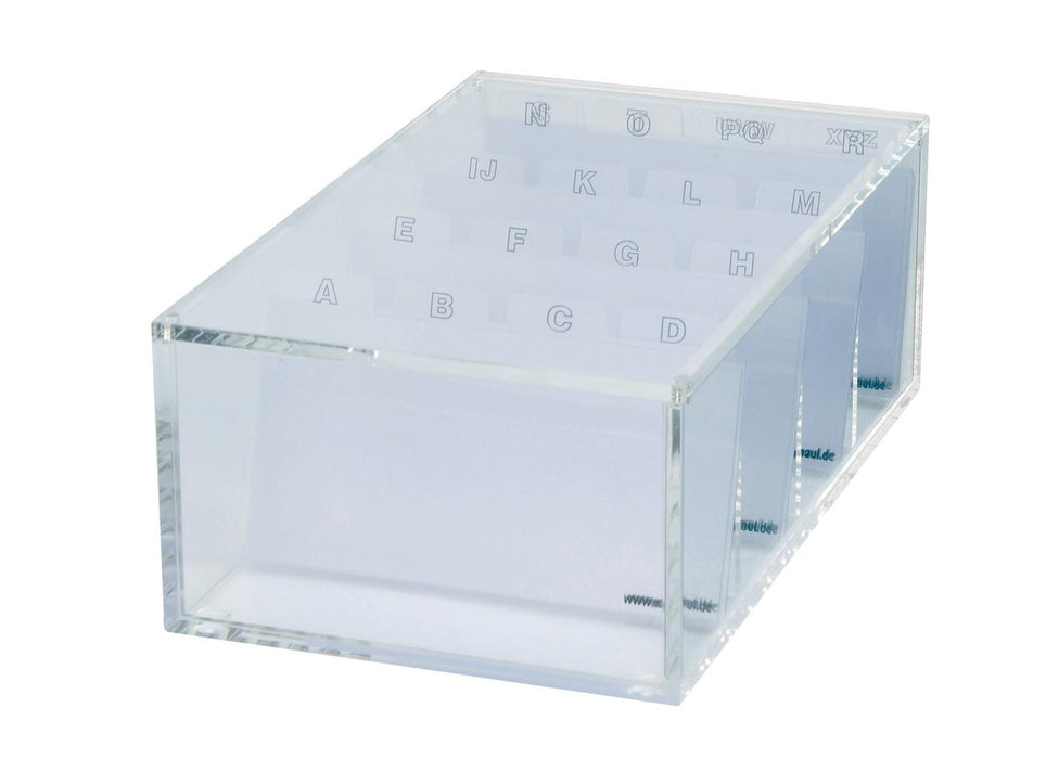 MAUL visitekaartbox van acryl met deksel en index 11.4x19x7.2cm