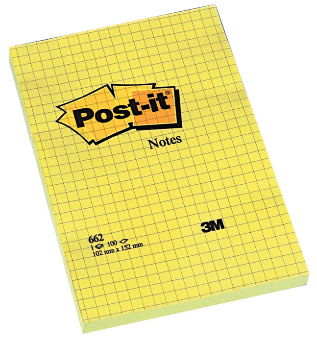 Post-it Notes, ft 102 x 152 mm, geel, geruit, blok van 100 vel 6 stuks