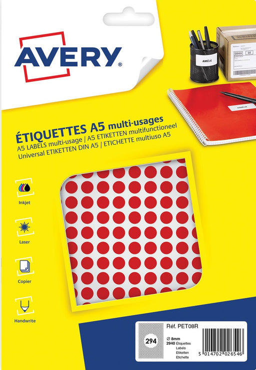 Avery PET08R ronde markeringsetiketten, diameter 8 mm, blister van 2940 stuks, rood 5 stuks, OfficeTown