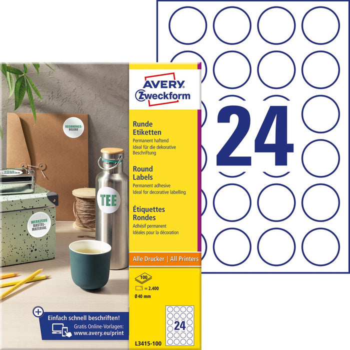 Avery Zweckform ronde etiketten, diameter 40 mm, wit, permanent klevend, 240 etiketten, 10 vellen 50 stuks, OfficeTown