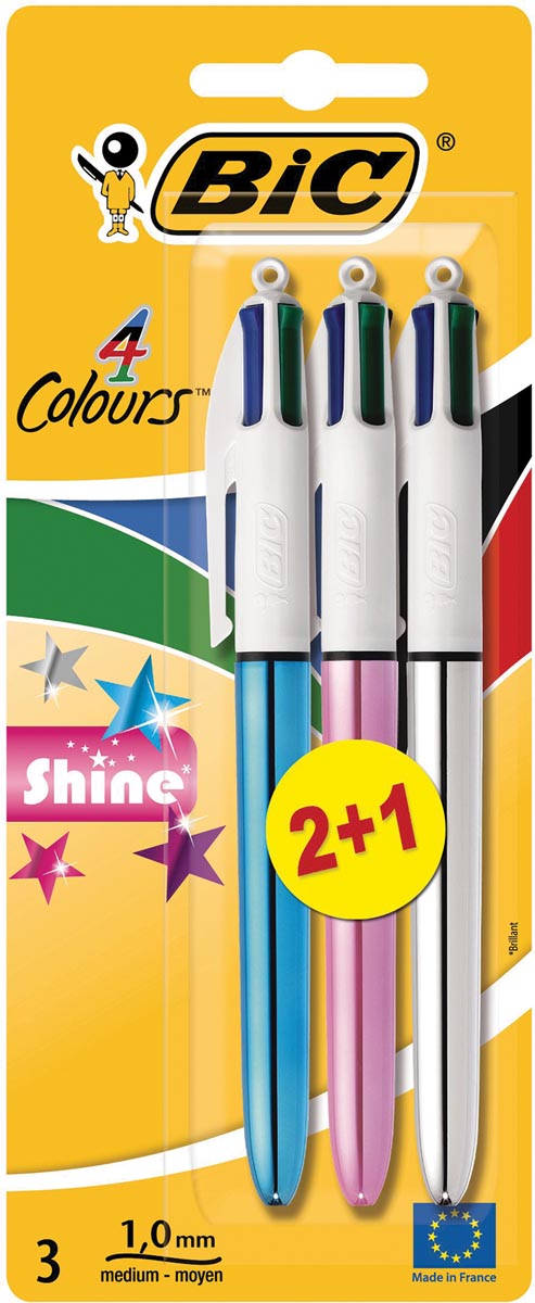 Bic 4 Colours Shine, balpen, 0,32 mm, 4 klassieke inktkleuren, bister van 2 + 1 gratis 20 stuks, OfficeTown