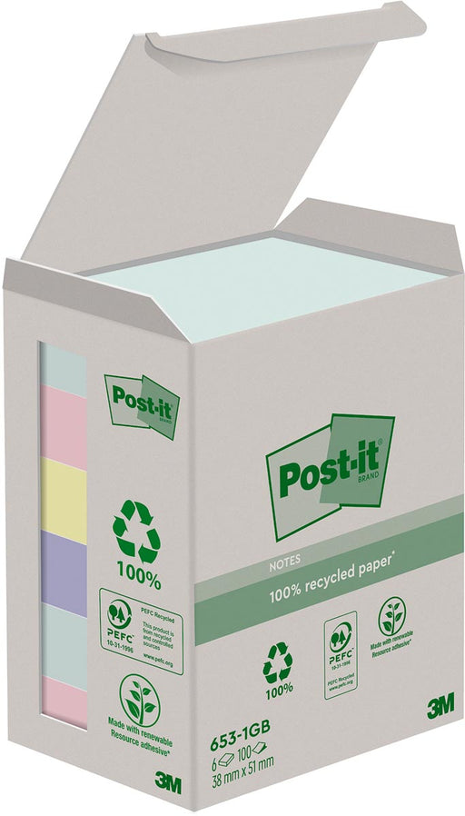 Post-it recycled notes Nature, 100 vel, ft 38 x 51 mm, pak van 6 blokken, geassorteerde kleuren 24 stuks, OfficeTown