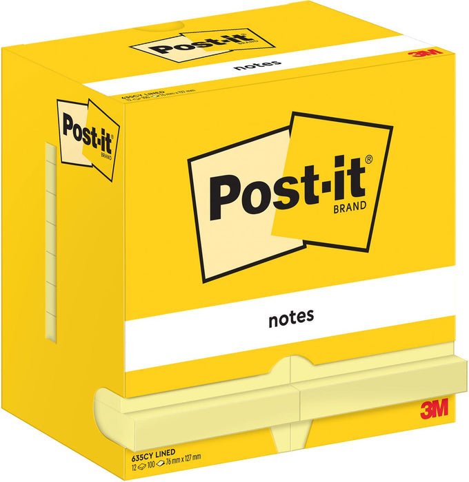 Post-It Notes, 100 gele vellen, 76 x 127 mm, gelinieerd, 12 blokken in verpakking