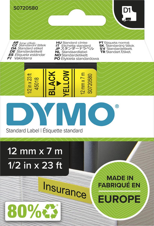 Dymo D1 tape 12 mm, zwart op geel 5 stuks, OfficeTown