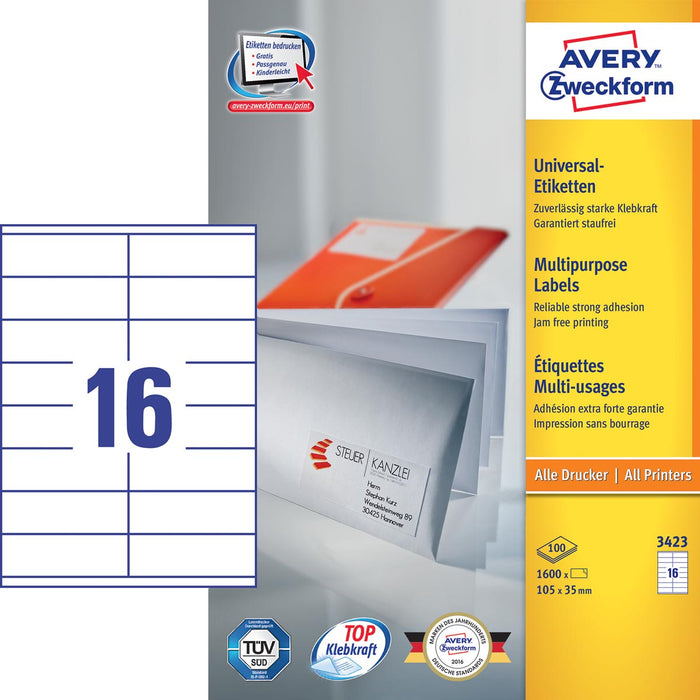 Avery Zweckform 3423, Universele Etiketten, Ultragrip, Wit, 100 vel, 16 per vel, 105 x 35 mm