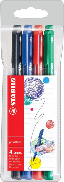 STABILO pointMax schrijfstift, 0,8 mm, etui met 4 schrijfspullen in klassieke kleuren