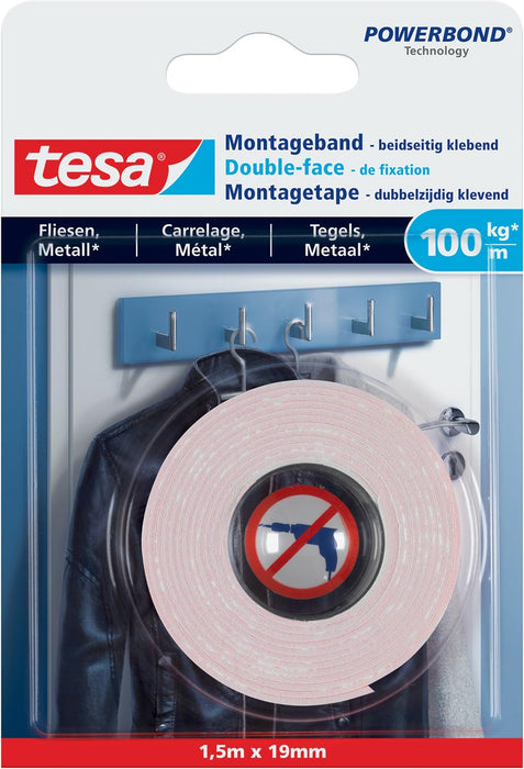 Tesa Powerbond montagetape voor Tegels en Metaal, 19 mm x 1,5 m