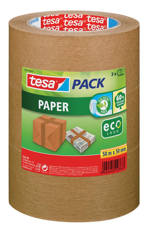 Tesapack paper ecoLogo, ft 50 mm x 50 m, bruin, pak van 3 stuks 12 stuks, OfficeTown