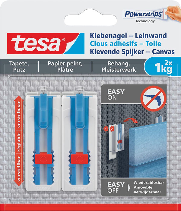Tesa Verstelbare Klevende Spijker voor Canvas, draagvermogen 1 kg, geschikt voor behang en pleisterwerk, wit, 2 spijkers en 3 strips