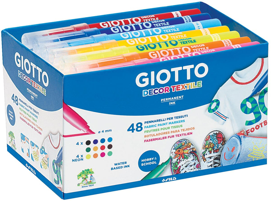Giotto Decor Textile textielstiften, schoolverpakking met 48 stuks in verschillende kleuren