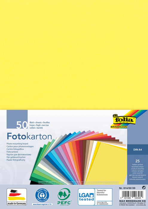 Fotokarton in 25 verschillende kleuren, A4-formaat, pakket van 50 vellen