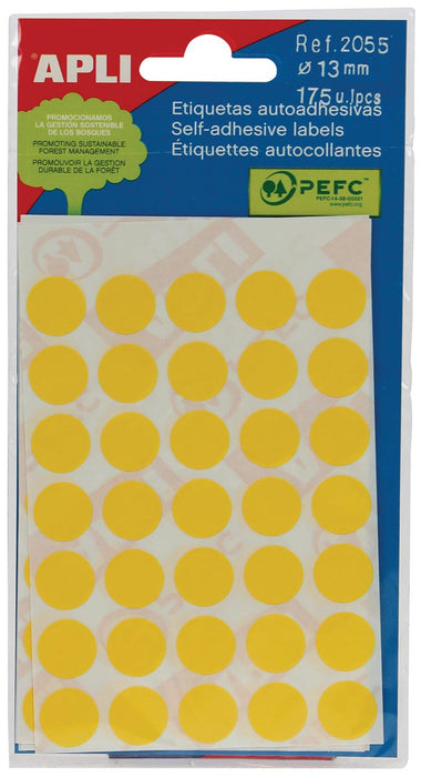 Apli ronde etiketten in doosje met een diameter van 13 mm, geel, 175 stuks, 35 per vel (2055)