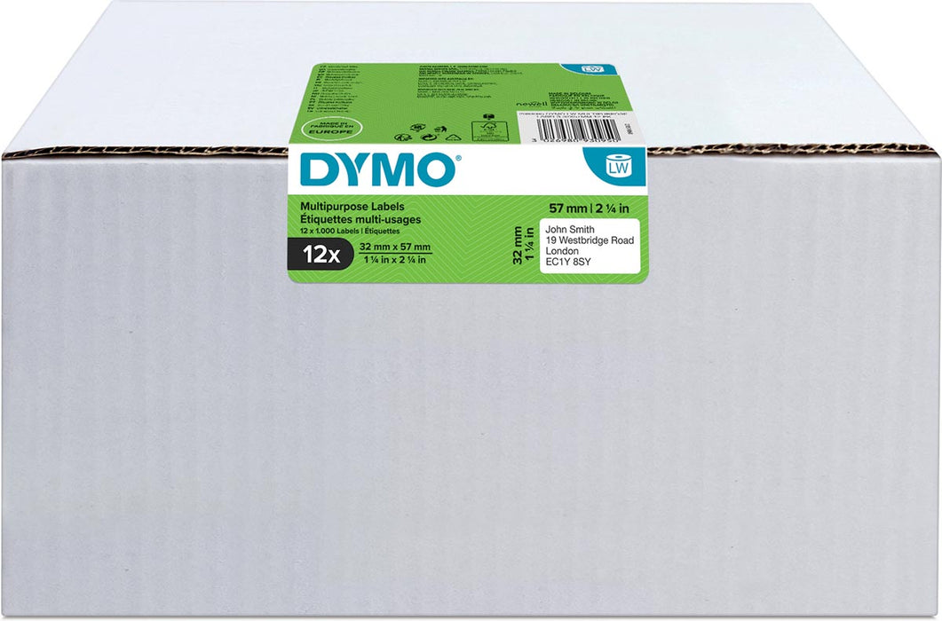 Dymo Waardepack: etiketten LabelWriter ft 57 x 32 mm, verwijderbaar, wit, doos van 12 x 1000 etiketten