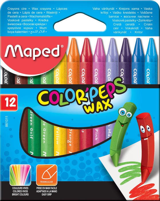 Maped waskrijt Color'Peps Wax, doos van 12 stuks in geassorteerde kleuren met papieren wikkel