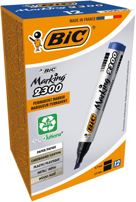 Bic permanente marker 2300 ECOlutions, schrijfbreedte 3,7 - 5,5 mm, schuine punt, blauw 12 stuks met alcohol gebaseerde inkt en gerecycleerde materialen