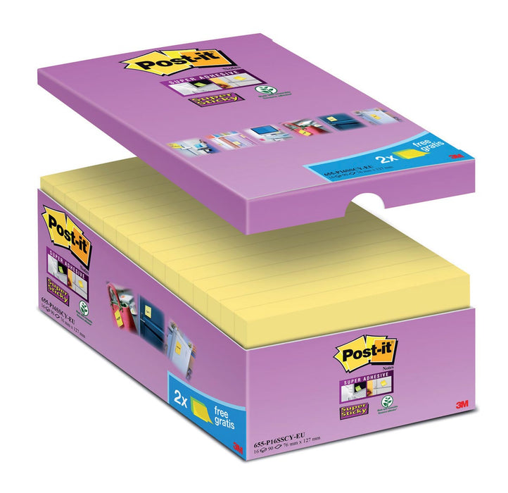 Post-it Super Sticky notes, 90 vellen, afmeting 76 x 127 mm, geel, pak van 14 blokken + 2 gratis
