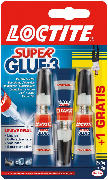 Loctite secondelijm Super Glue Universeel, 2 + 1 gratis, op blister