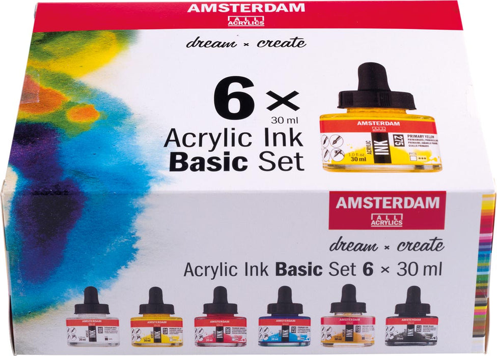 Amsterdam acryl inkt Bassisset met 6 flacons van 30 ml in assortimentkleuren