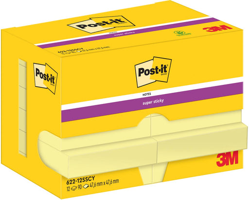 Post-It Super Sticky Notes, 90 vel, ft 47,6 x 47,6 mm, geel, pak van 12 blokken 24 stuks, OfficeTown