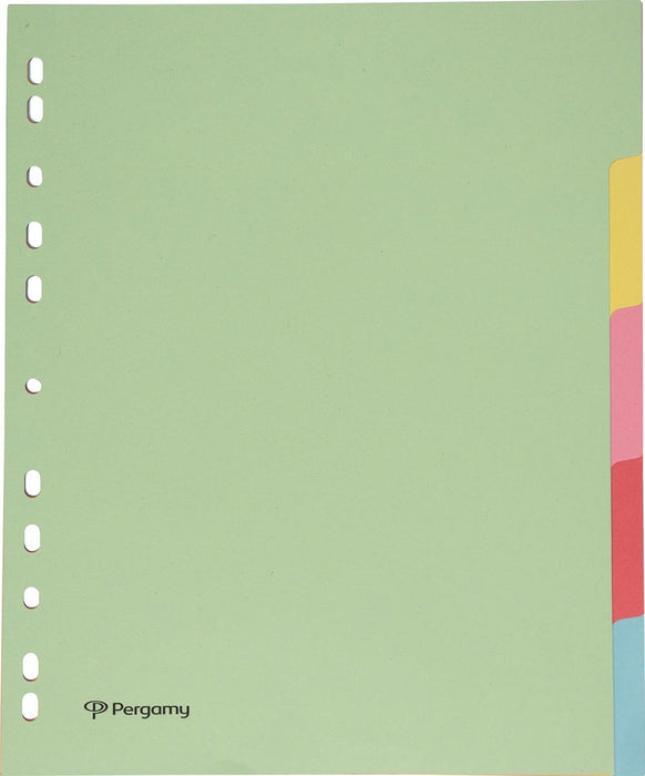 Tabbladen van Pergamy A4 maxi, 11-gaatsperforatie, karton, geassorteerde pastelkleuren, 5 tabs
